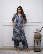 ANNI DESIGNER Womens Rayon Viscose Straight Printed Kurta with Pant (KADAI Blue_S_Blue_Small)