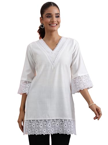 Libas Womens Solid Silk Blend Straight Kurti For Women White