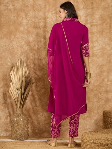Ziyaa Women Women'S Maroon Crepe Kurta, Pant And Dupatta Set