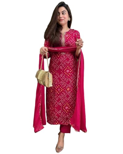 ANNI DESIGNER Womens Rayon Blend Straight Printed Kurta with Pant & Dupatta (TURAE Rani_3XL_Pink_XXX-Large)