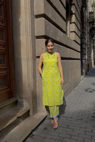 ANNI DESIGNER Womens Rayon Blend Straight Block Printed Kurta with Pant (Lemon-Lime-NW_L_Green_Large)