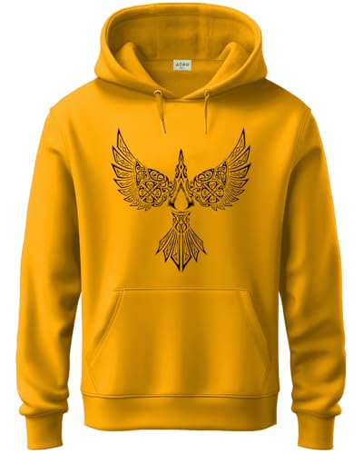 ADRO Men's Cotton Neck Hooded Sweatshirt (H24-BIRD-MU_Mustard