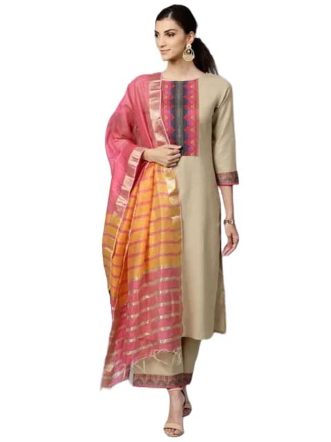 ANNI DESIGNER Women's Cotton Straight Solid Kurta with Pant & Dupatta (My Hit-Beige-Jan10_M_Beige_Medium)