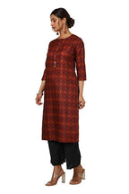 Soch Womens Maroon Linen Blend Ikat Print Kurta with Tassels