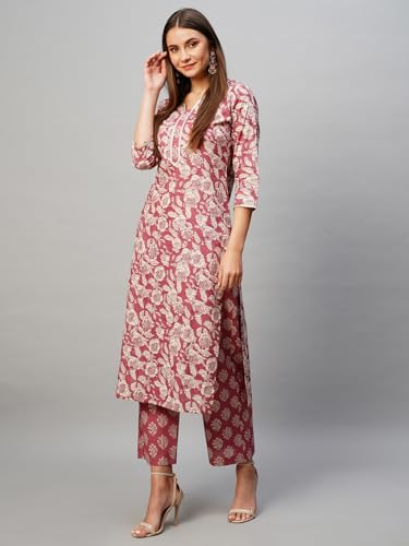 ANNI DESIGNER Womens Cotton Blend Straight Printed Kurta with Pant (Soking Pink_S_Pink_Small)