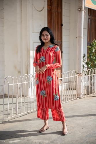 ANNI DESIGNER Womens Rayon Viscose Floral Straight Kurta with Pant (GADUGI RED Large)