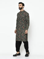 Kisah Men Black Green Ethnic Motifs Embroidered Kurta With Pyjamas, Full Sleaves, Knee Length, Straight, Regular Fit, Mandarin C