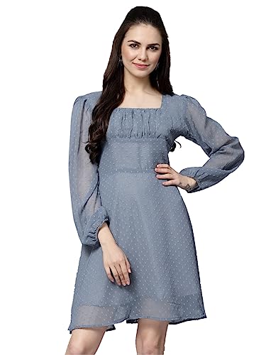 LookMark Womens Georgette Butti Fit and Flare Midi A-line One Piece Western Dress in Grey Color(SD648-L)