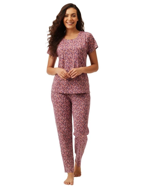 Clovia Womens Floral Top & Pyjama Set (LS0743A12_Purple_XXL)