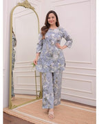 ANNI DESIGNER Womens Cotton Blend Printed Ethnic Co-ord Set (Yojata Grey_S_Grey_Small)