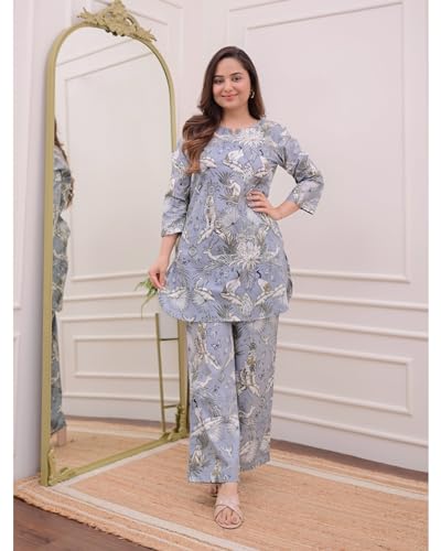 ANNI DESIGNER Womens Cotton Blend Printed Ethnic Co-ord Set (Yojata Grey_S_Grey_Small)