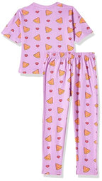 T2F Girls Cotton Printed Oversized Fit Crop Top and Pant Pajama Set Lavender