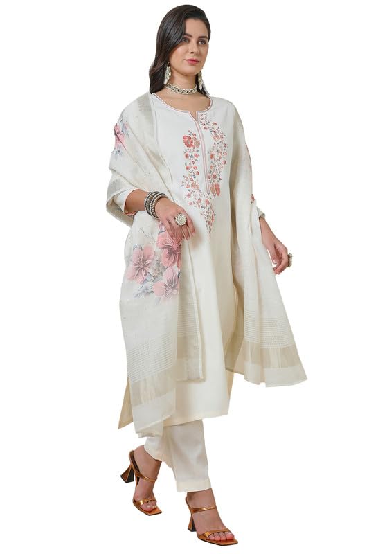 Soch Womens Cream Notched Neck Silk Blend Embroidered Suit Set