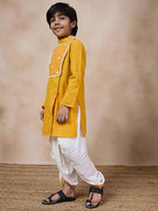 Pspeaches Boys Mandarin Collar Floral Yoke Design Regular Thread Work Kurta With Dhoti Pants (10-12Years)