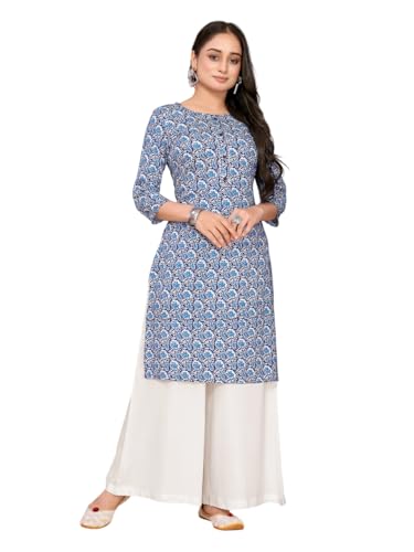Rangita Blue Rayon Straight Printed Knee Length Kurti | Kurta For Women_M