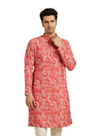 Manyavar MenS Cotton Blend Geometric Print Regular Long Kurta (Pink,Xl)