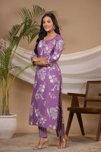 ANNI DESIGNER Womens Cotton Blend Straight Printed Kurta with Pant (Mayank Purple_L_Purple_Large)