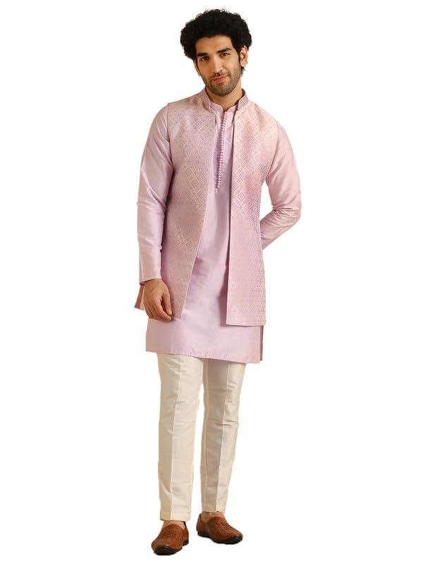 Kisah MenS Kurta Jacket Trouser Set, Lilac Jacquard, Woven Design Regular Fit Mandarin Collar Long Sleeves (40)