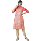 Aurelia Floral Polyester Mandarin Womens Kurta (Peach, Large)