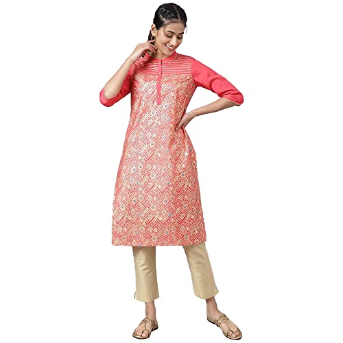 Aurelia Floral Polyester Mandarin Womens Kurta (Peach, Large)