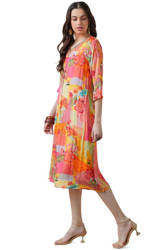 Soch Womens Peach Floral Print Chinon A Line Dress With Beads And Stones