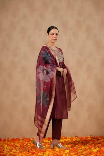 Ishin Women'S Poly Silk Yoke Design Zari Wine Straight Kurta Suit Set With Trousers And Dupatta