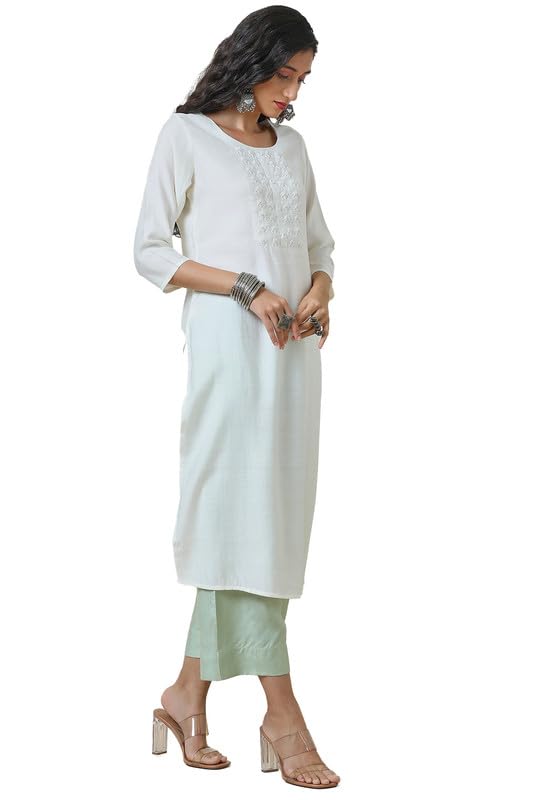 Soch Womens Off White Beaded Yoke Design Viscose Blend Kurta