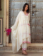 ANNI DESIGNER Anarkali Women s Embroidered Rayon Blend Kurta with Trousers and Dupatta, cream, Small