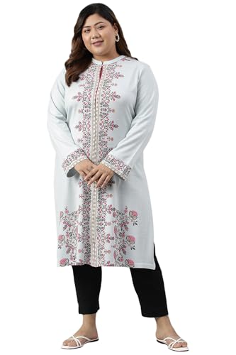 W For Women Blue Acrylic Printed Plus Size Winter Kurta_22Now18539G-119395P_5Xl