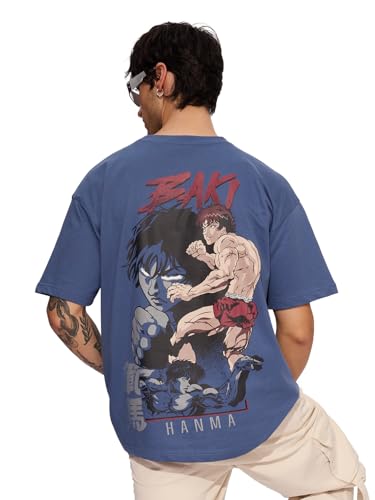 The Souled Store Official Baki Hanma: The Strongest Men And Boys Short Sleeves Round Neck Blue Graphic Printed Cotton Oversized 