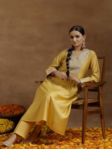 Libas Gerua Womens Yoke Design Silk Blend A-Line Kurta With Trousers