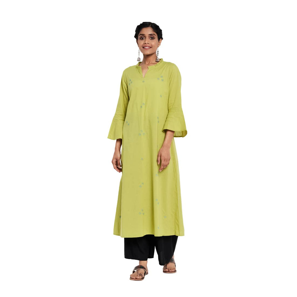 Fabindia Women Cambric Chikankari Long Kurta Cotton_S Green