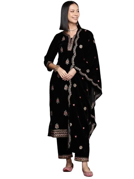Varanga Women Black Placement Design Embroidered Kurta With Tonal Embroidered Bottom And Dupatta  Elegant Ethnic Wear For Women