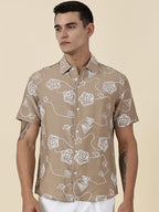 Thomas Scott Oversized Fit| 100% Cotton | Spread Collar | Short Sleeve | Embrodiered | Shirts for Men Beige