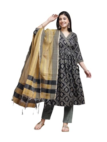Sanisa Women'S Cotton Silk Printed & Foil Work Anarkali Kurta With Pant And Woven Dupatta (113Kbd1234Nz-L_Navy Blue & Grey)