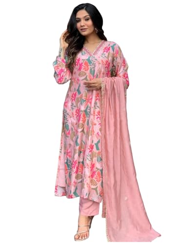 ANNI DESIGNER Womens Rayon Blend Printed Straight Kurta with Pant & Dupatta (Maslin-Multi_M_Peach_Medium)