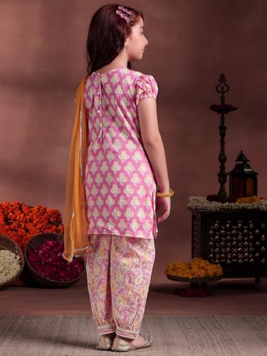 Libas Kids Womens Printed Cotton Straight Kurta With Salwar And Dupatta
