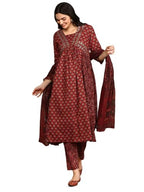 Ishin Women Red Cotton Kurta Sets With Dupatta