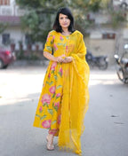 ANNI DESIGNER Womens Rayon Viscose Printed Anarkali Kurta with Pant & Dupatta (Rubina Yellow_XXL_Yellow_XX-Large)