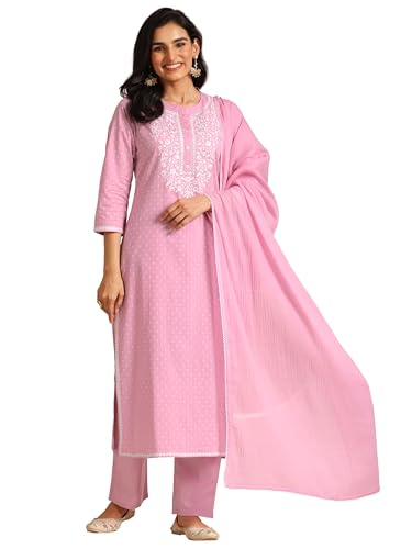Libas Womens Woven Design Cotton Straight Kurta With Trousers And Dupatta