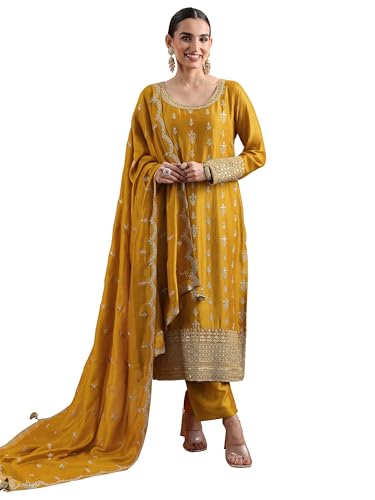 Libas Mustard Embroidered Chinon Straight (Fit Kurta Set For Women (51015S)