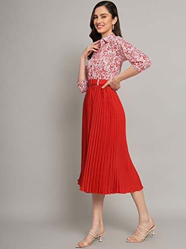 Kzully WomenS Print 3/4 Sleeve Pleated Midi Dress With Belt Red