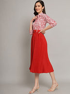 Kzully WomenS Print 3/4 Sleeve Pleated Midi Dress With Belt Red