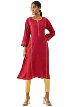 Soch Womens Red Muslin Printed A-Line Kurta With Zari Embroidery Details