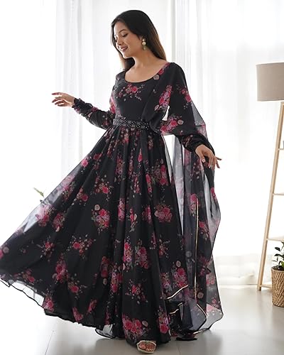 Fashion Basket Floral Print Anarkali Kurta With Pant And Dupatta (Black, M)