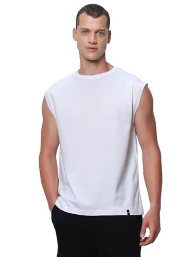 Bewakoof MenS Solid Oversized Fit Sleeveless Round Neck Cotton Vest_500148_White_L