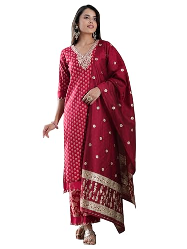 Libas Womens Woven Design Cotton Straight Kurta With Palazzos And Dupatta
