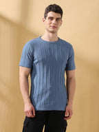 Dennis Lingo Men Steller Textured Round Neck Half Sleeves Regular Fit T-Shirts Blue