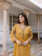 Ishin Mustard Quriky Printed Embellished Kurta With Solid Palazzo