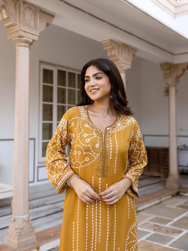 Ishin Mustard Quriky Printed Embellished Kurta With Solid Palazzo